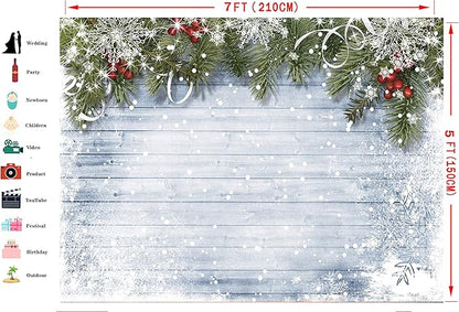 LTLYH Winter Christmas Backdrop 7x5ft Snowflake and Pine Branch Wooden Wall Backdrop Xmas Eve Wood Wall Photo Backdrop Holiday Decor Photo Props 023