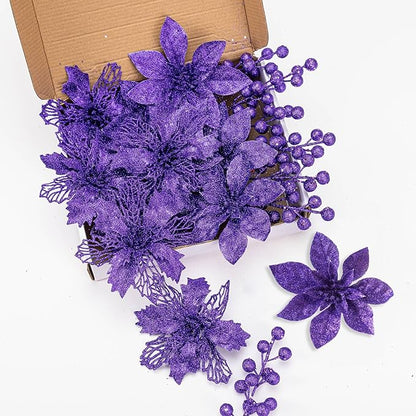 24Pcs Purple Glitter Poinsettia Christmas Tree Ornaments and Glitter Berries Stems, 16Pcs Christmas Artificial Flowers and 8 Pack Christmas Tree Picks for Wedding Xmas Holiday Decorations