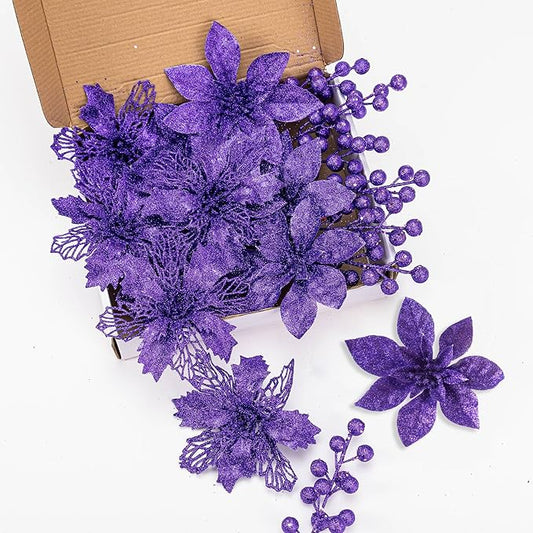 24Pcs Purple Glitter Poinsettia Christmas Tree Ornaments and Glitter Berries Stems, 16Pcs Christmas Artificial Flowers and 8 Pack Christmas Tree Picks for Wedding Xmas Holiday Decorations