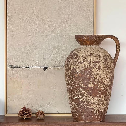 Brown Ceramic Rustic Farmhouse Vase Jug Pitcher with Handle, Distressed Antique Terracotta Pottery Flower Vase 14.2 Inch Handmade Large Floor Vintage Decorative for Home Living Room Decor
