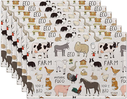 Farm Animals Cow Pig Placemats Set of 6 Place Mats for Kitchen Table Washable Farmhouse Linen Table Mats Dining Decoration 12x18 Inch