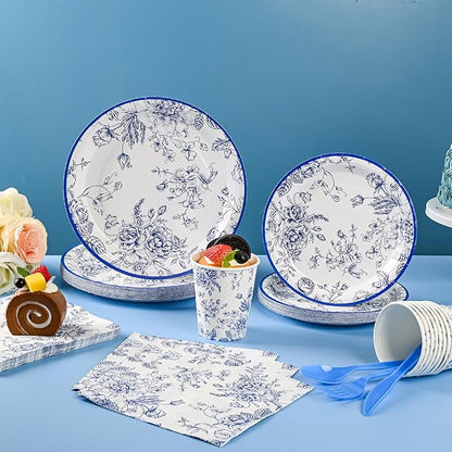 175Pcs Blue Floral Paper Plates and Napkins 25 Guests Blue Toile Chinoiserie Party Supplies Set Include Plates Napkins Cups Spoons Forks Knives for Birthday Wedding