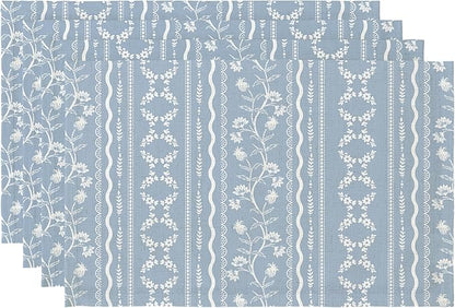 LilyCat Linen Fabric Blue Floral Placemats, Stripes Durable Boho Dining Table Mats for Kitchen, Rustic Vintage Washable Place Mats Set of 4, 18’’× 12’’