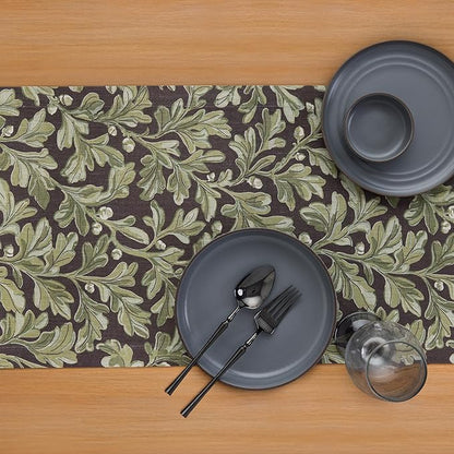 Solino Home 100% Pure Linen Table Runner 120 Inches Long - Floral Print Green and Brown Table Runner 14 x 120 Inch - Handcrafted and Machine Washable - Fallen Leaves Print