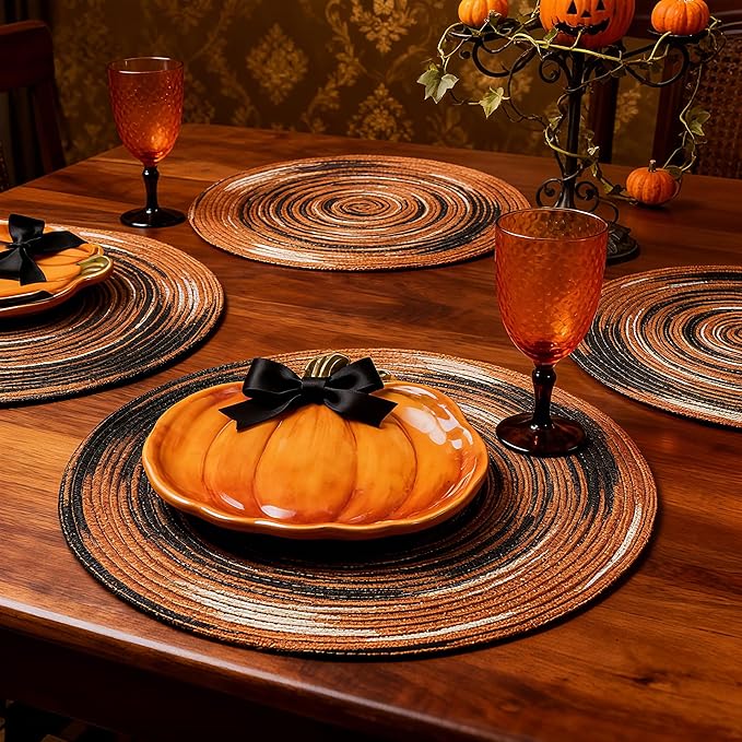 Youyi Better Lifes Halloween Round Braided Placemats Set of 6 Colorful Washable Durable Placemats Non-Slip 15 Inch Black-Orange Woven Table Mats for Dining Tables Holiday Party Decoration
