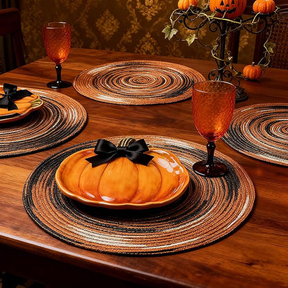 Youyi Better Lifes Halloween Round Braided Placemats Set of 6 Colorful Washable Durable Placemats Non-Slip 15 Inch Black-Orange Woven Table Mats for Dining Tables Holiday Party Decoration