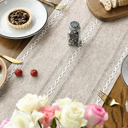 Artoid Mode Brown Rustic Cotton Linen Table Runner, Seasonal Embroidered Hollow Kitchen Dining Table Decoration for Home Party Decor 13x90 Inch