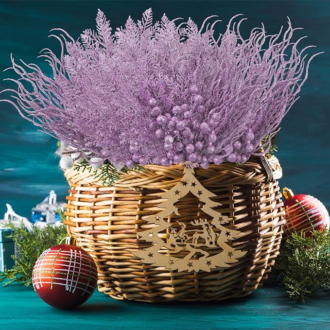 75 Pcs Christmas Glitter Branches 3 Styles Artificial Christmas Picks Berries Stems Pine Needles Floral Twig Spray for Xmas Tree Ornaments DIY Wreath Garland(Light Purple)