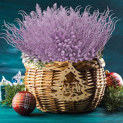 75 Pcs Christmas Glitter Branches 3 Styles Artificial Christmas Picks Berries Stems Pine Needles Floral Twig Spray for Xmas Tree Ornaments DIY Wreath Garland(Light Purple)