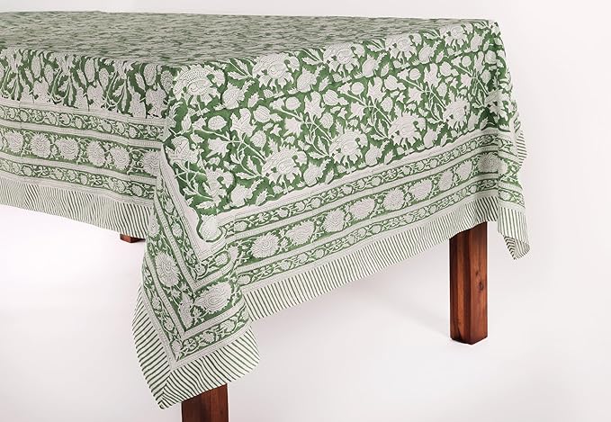 ATOSII Meraki Green 100% Cotton Fall Tablecloth, Handblock Print Rectangle Table Cover for Kitchen Dining Linen I Parties, Thanksgiving, Christmas, Wedding, Table Cloth I 72 X 120 Inches I 10 Seater