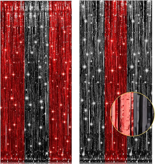 2 Pack 3.2x8.2 Feet Black and Red Foil Fringe Curtains Party Decorations, Tinsel Curtain Backdrop Streamers for Birthday Graduation Fiesta Stranger Theme Halloween Christmas Party Supplies