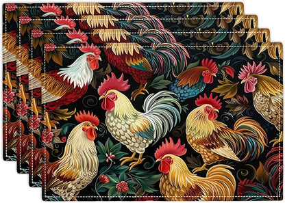 Rooster Placemats Set of 4 Rustic Country Farm Chicken Table Mats Washable Place Mats for Home Party Indoor Kitchen Dining Table Decoration 12x18 Inch