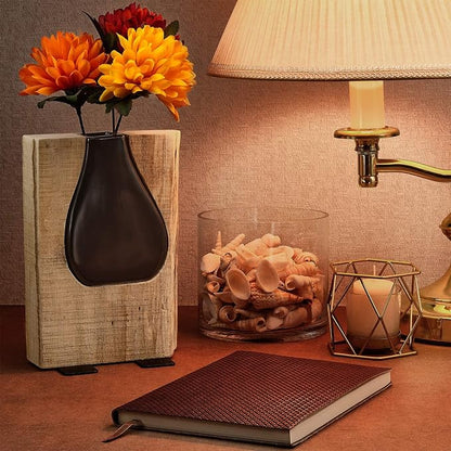 Excello Global Products Matte Black Glass and Wood Vase - Rustic Flower Vase Decorative Centerpieces for Dining Room Table Coffee Tables Vintage Farmhouse Decor (Short - 8" x 6")