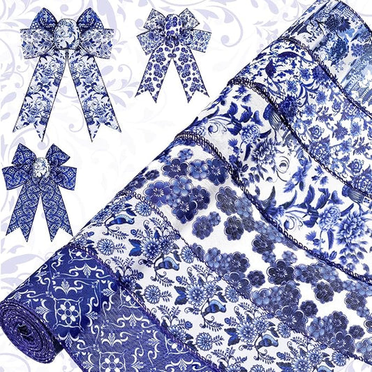 Lyrow 6 Rolls Chinoiserie Ribbon White and Blue Wired Edge Floral Ribbon Butterfly Flower Pattern Fabric Craft Wreath Bow Wrapping for Home Christmas Birthday Party Decor 2.52 Inches by 5 Yards
