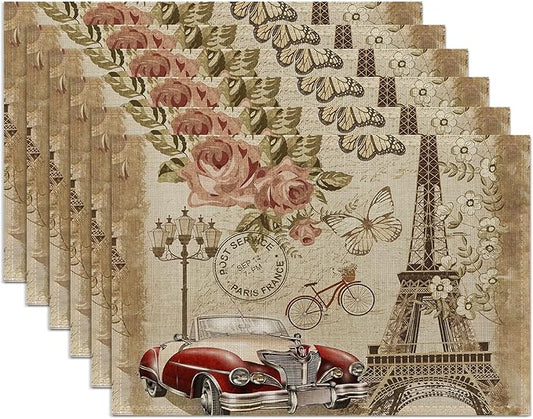 Eiffel Tower in Paris Placemats Set of 6,Washable Heat Resistant 12×18 Inch Linen Table Mats Vintage Place Mats for Party Outdoor Dining Décor