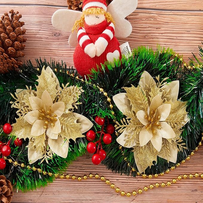 Zhuqing 15Pcs Christmas Poinsettia Artificial Flowers Decorations, Glitter Poinsettia Christmas Tree Ornaments, Gold Tree Flowers for Xmas/Wedding/Holiday/Wreath/Garland Decor, with Cilps, 5.5 Inch