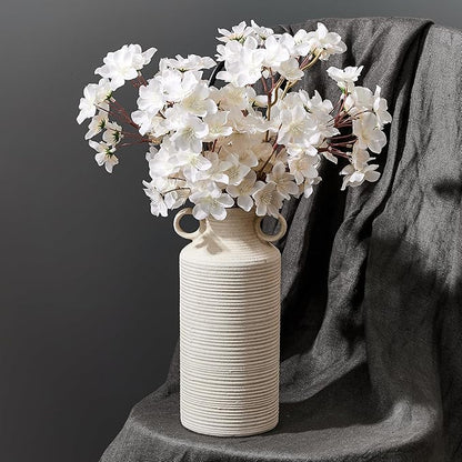 Ceramic Rustic Vase with 2 Round Handles, Antique Farmhouse Flower Vase, Vintage Terracotta Vases for Home Decor, Wedding, Living Room, Table, Shelf Decor - 10.2 Inch Tall, White