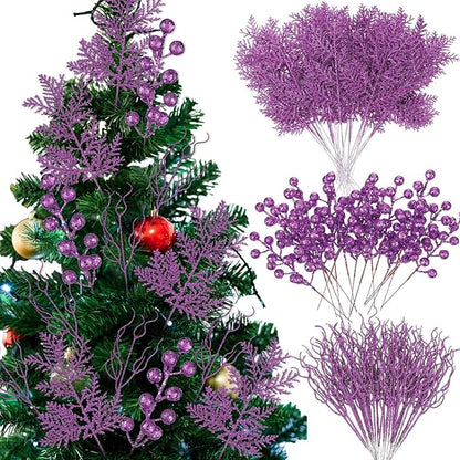 75 Pcs Christmas Glitter Branches 3 Styles Artificial Christmas Picks Berries Stems Pine Needles Floral Twig Spray for Xmas Tree Ornaments DIY Wreath Garland(Purple)