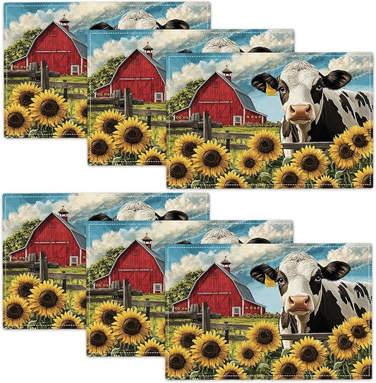 Farmhouse Sunflowers Cow Placemats Set of 6, Country Barn Place Mats, Rustic Flowers Cow Dining Table Mats, Washable Placemats for Kitchen Dining Room Home Decor 18L'' × 12W''
