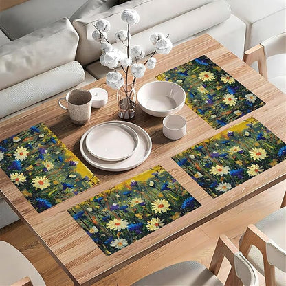 Watercolor Daisies Placemats Set of 4,Blue Cornflowers 12x18 Inch Non-Slip Washable Heat Resistant Linen Fabric Table Mats,Place Mats for Holiday Party
