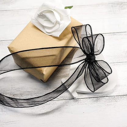 CT CRAFT LLC Sheer Organza Wired Ribbon 1.5" x 50Yards Black for Wedding Chair Bow Flora Bouquet Gift Wrapping Christmas Tree Home Decor Wreath