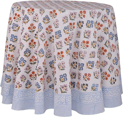 ATOSII Flora Bloom 100% Cotton Round Tablecloth, Handblock Print Floral Table Cloth for Kitchen Dining Linen I Parties, Weddings, Outdoors, Christmas, Thanksgiving I Fall Home Decor 60" Inches Round