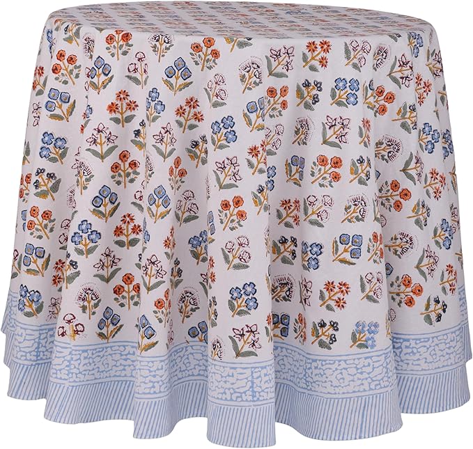 ATOSII Flora Bloom 100% Cotton Round Tablecloth, Handblock Print Floral Table Cloth for Kitchen Dining Linen I Parties, Weddings, Outdoors, Spring Summer I 90" Inches Round