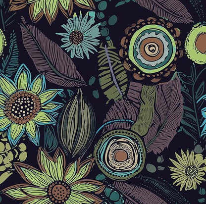 Vintage Boho Wallpaper Peel and Stick, Gothic Floral Contact Paper, Retro Flowers Bohemia Wall Paper Self Adhesive Removable Waterproof for Walls Shelves Cabinet Table 17.5" x 118"(Dark Purple, Green)