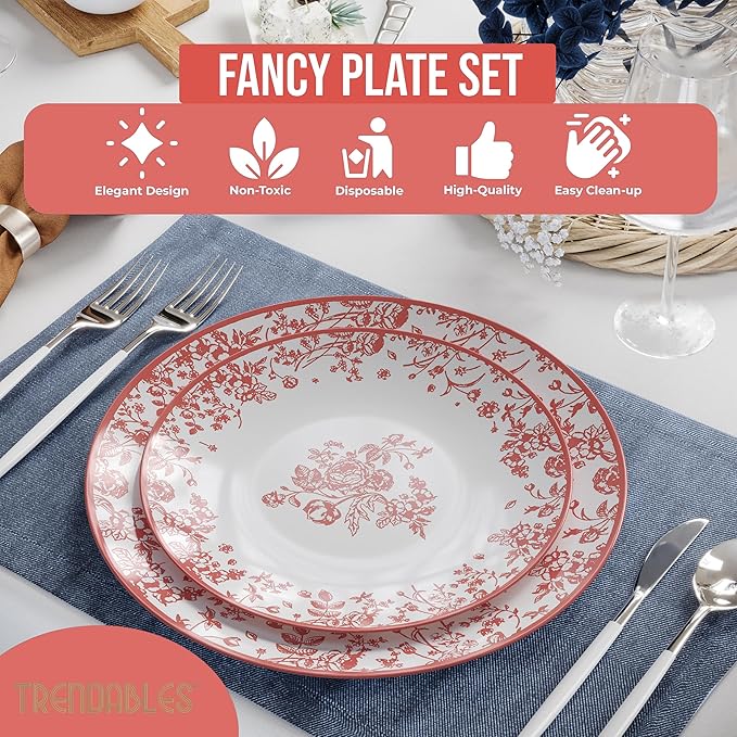 Trendables Plastic Plates For Party Supplies, Floral Disposable Plates For Party & Weddings 80 Pcs - 40 x 8 Dessert Plates & 40 x 10 Plastic Dinner Plates, Plate Set Disposable Dinnerware Sets