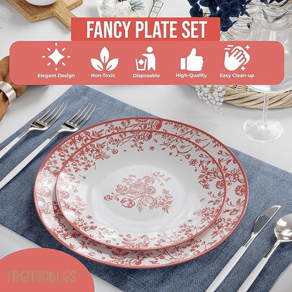 Trendables Plastic Plates For Party Supplies, Floral Disposable Plates For Party & Weddings 200 Pcs - 100 x 8 Dessert Plates & 100 x 10 Plastic Dinner Plates, Plate Set Disposable Dinnerware Sets