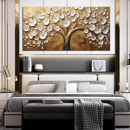 Large Wall Art for Living Room Bedroom Office Tree Art Wall Decor Gold Artwork Tree of Life Wall Art White Flower Framed Wall Decor Modern Canvas Prints 29x59 In