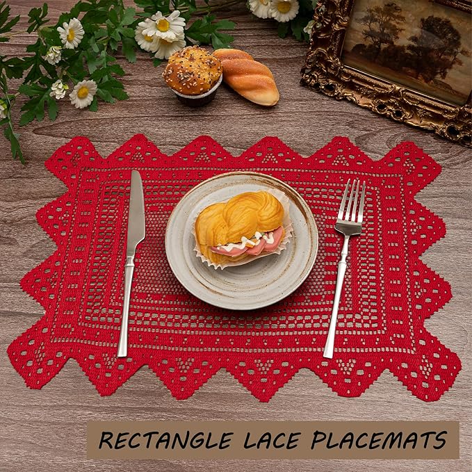 Jayla 2 Pcs Rectangle Lace Placemats for Tables Embroidered Lace Tablemats Vintage Crochet Floral Table Runner Vintage Wedding, Tea Party Decor,12x17 Inch
