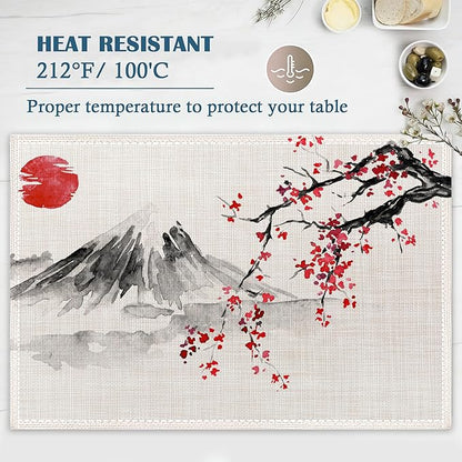 Japanese Cherry Blossom Placemats Set of 4, Sun Fuji Mount Place Mats Heat Resistant Washable Non-Slip Table Mats for Party Kitchen Dining Decor 12x18 Inch