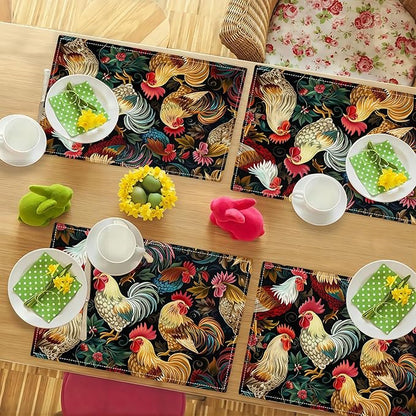 Rooster Placemats Set of 4 Rustic Country Farm Chicken Table Mats Washable Place Mats for Home Party Indoor Kitchen Dining Table Decoration 12x18 Inch