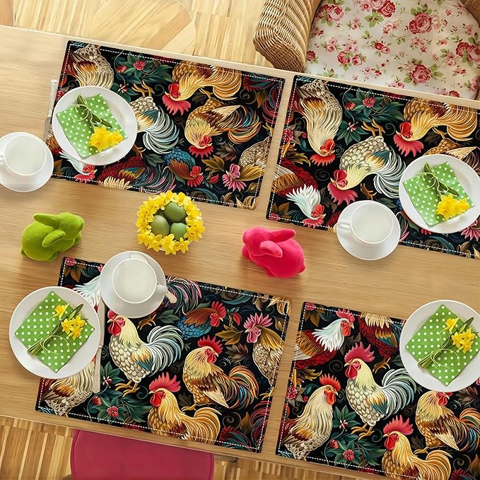 Rooster Placemats Set of 6 Rustic Country Farm Chicken Table Mats Washable Place Mats for Home Party Indoor Kitchen Dining Table Decoration 12x18 Inch