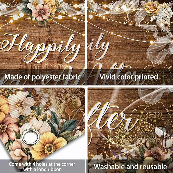 Happily Ever After Backdrop Bridal Shower Wedding Party Brown Wood Photography Background Boho Floral Golden Rose Dots Wedding Decor Banner Portrait Photo Booth Studio Props 9x6ft FU072YL