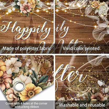 Happily Ever After Backdrop Bridal Shower Wedding Party Brown Wood Photography Background Boho Floral Golden Rose Dots Wedding Decor Banner Portrait Photo Booth Studio Props 7x5ft FU037YL
