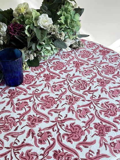 ATOSII Red Bloom 100% Cotton Round Tablecloth, Handblock Print Floral Table Cloth for Kitchen Dining Linen I Parties, Weddings, Outdoors, Easter, Thanksgiving I Fall Home Decor 72" Inches Round