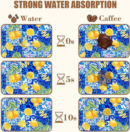 Lemon and Blue Tile Dish Drying Mat for Kitchen Counter Coffee Bar Mat Hide Stain Absorbent Rubber Backed Drying Rack Pad Espresso Machine Coffee Bar Accessories 11.8 x 19.7 Inch