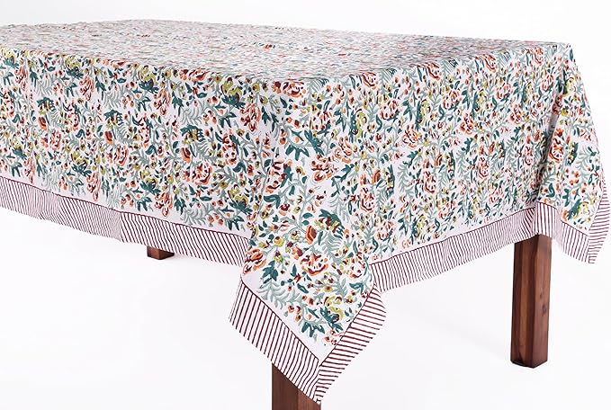 ATOSII Ambrosia Green 100% Cotton Rectangle Fall Tablecloth, Handblock Floral Print Linen Table Cloth for Kitchen Dining I Parties, Outdoors, Christmas, Thanksgiving I 72 X 120 Inches I 10 Seater