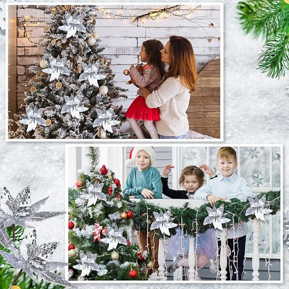 6 Pcs 10.6'' Christmas Large Silver Mirrored Poinsettias with Clips Artificial Glitter Poinsettias Flowers Christmas Tree Ornaments for Xmas New Years Eve Garland DIY Project Winter Wedding Decor