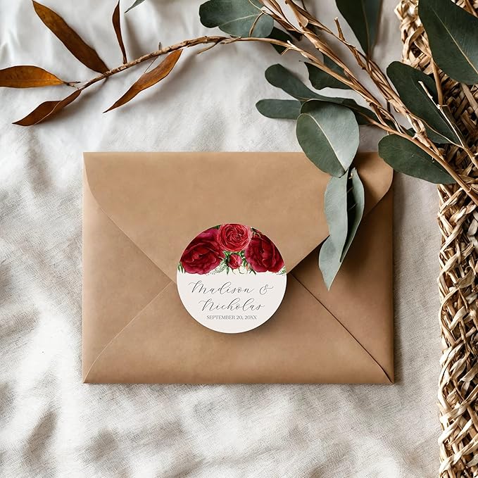 Personalized Floral Wedding Stickers with Your Choice of 30 Flower Styles - Choose Font and One of Five Pre-made Phrases or Add Custom Text (018 - Red Roses)