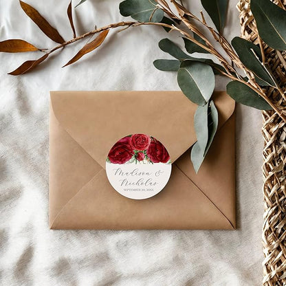 Personalized Floral Wedding Stickers with Your Choice of 30 Flower Styles - Choose Font and One of Five Pre-made Phrases or Add Custom Text (018 - Red Roses)
