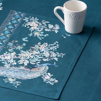 Maison d' Hermine Place Mats 100% Combed Cotton Premium (13 Inch x 19 Inch) Cloth Place Mat Washable Dinner Placemat, Dinner & Dining, Peacock Utopia - Deep Sea (Set of 4)