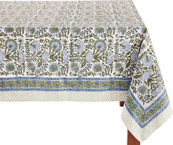 ATOSII Clover Blue 100% Cotton Square Fall Tablecloth, Handblock Floral Linen Table Cloth for Kitchen Dining Table I Parties Christmas Thanksgiving I Fall Home Decor 60 X 60 Inches I 4 Seater