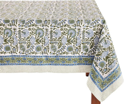 ATOSII Clover Blue 100% Cotton Rectangle Fall Tablecloth, Handblock Floral Linen Table Cloth for Kitchen Dining Table I Parties Christmas Thanksgiving I Fall Home Decor 60 X 108 Inches I 8 Seater