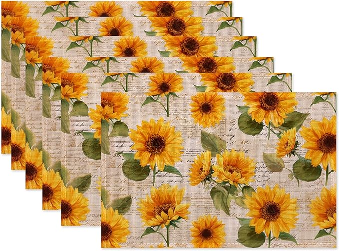 Vintage Sunflower Placemats Set of 6,Waterproof Heat Resistant Dining Table Plate Mat for Home Kitchen Dining Table 12x18Inch