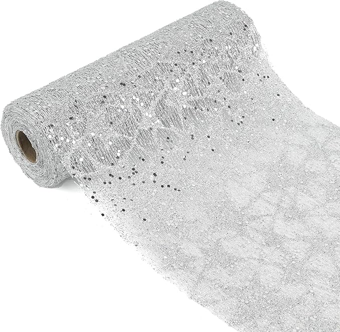 MEEDEE Silver Glitter Mesh Star Web Ribbon 10 Inch Wide by 10 Yards Roll Silver Fabric Ribbon Decorative Mesh Ribbon for Christmas Tree, Garland, Holiday Wreaths, Bows