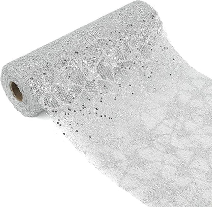 MEEDEE Silver Glitter Mesh Star Web Ribbon 10 Inch Wide by 10 Yards Roll Silver Fabric Ribbon Decorative Mesh Ribbon for Christmas Tree, Garland, Holiday Wreaths, Bows