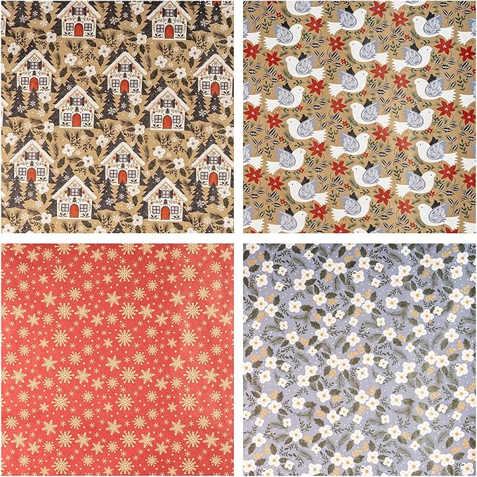 RUSPEPA Christmas Wrapping Paper, Kraft Paper - Dove, Snowflake, Flower, and House - 4 Rolls - 30 inches x 10 feet per Roll